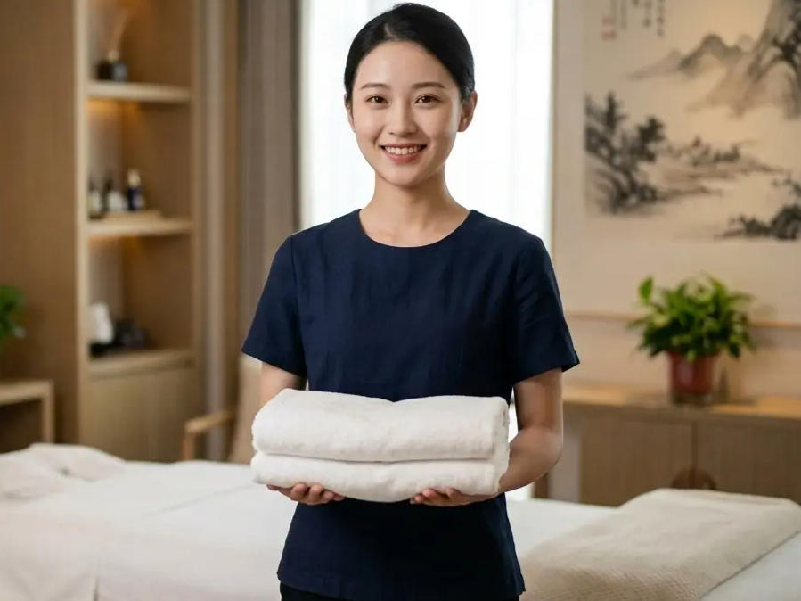 Therapist holding fresh folded towels