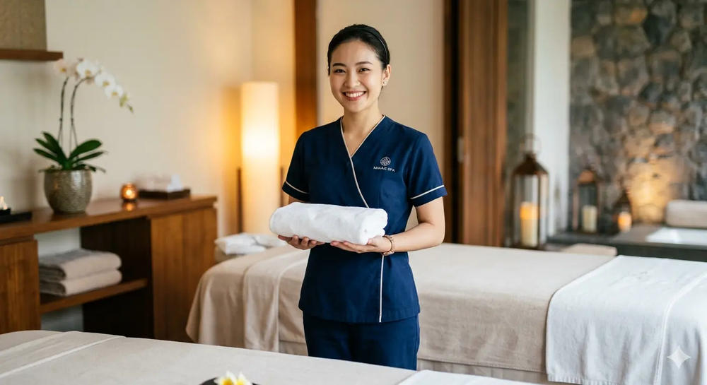 Smiling therapist holding a rolled towel in a treatment room